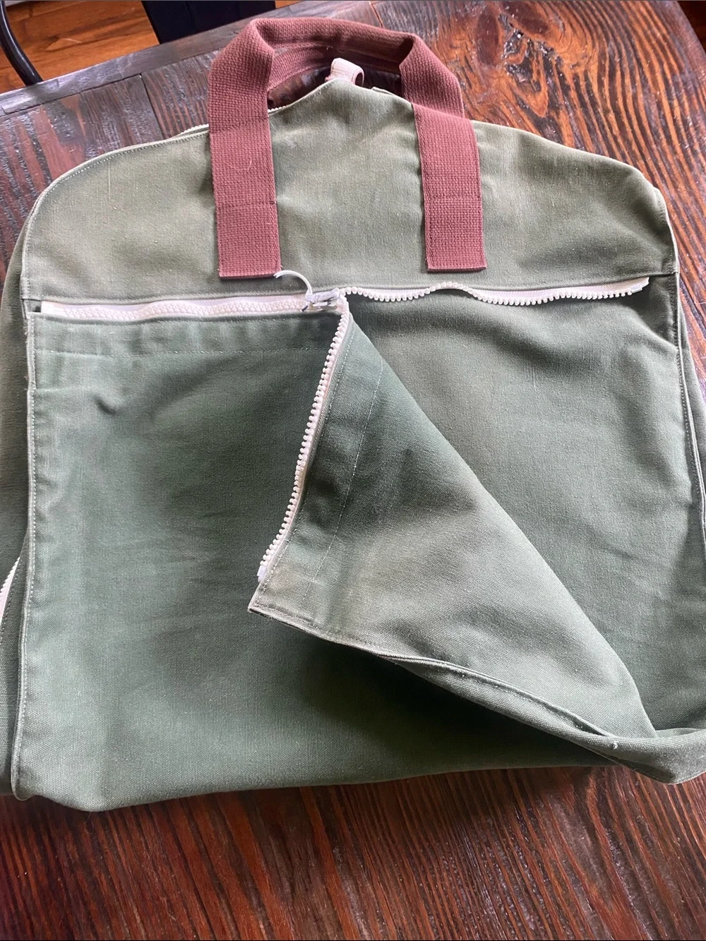 Vintage Lands End Deluxe Square Rigger Olive Canvas Garment Bag Heavy Duty